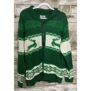 Coofandy Mens Green Reindeer Button Front Collared Cardigan Sweater Size L